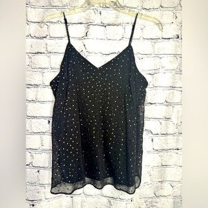 Nine West Black White Gold Dots Tank Top Spaghetti straps dressy blouse sheer